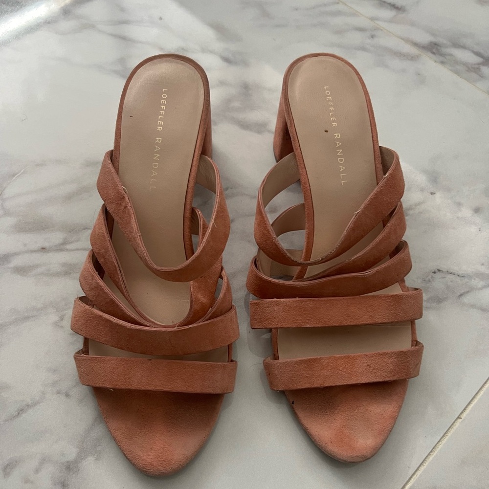 Used Loeffler Randall peachy pink suede sandal.